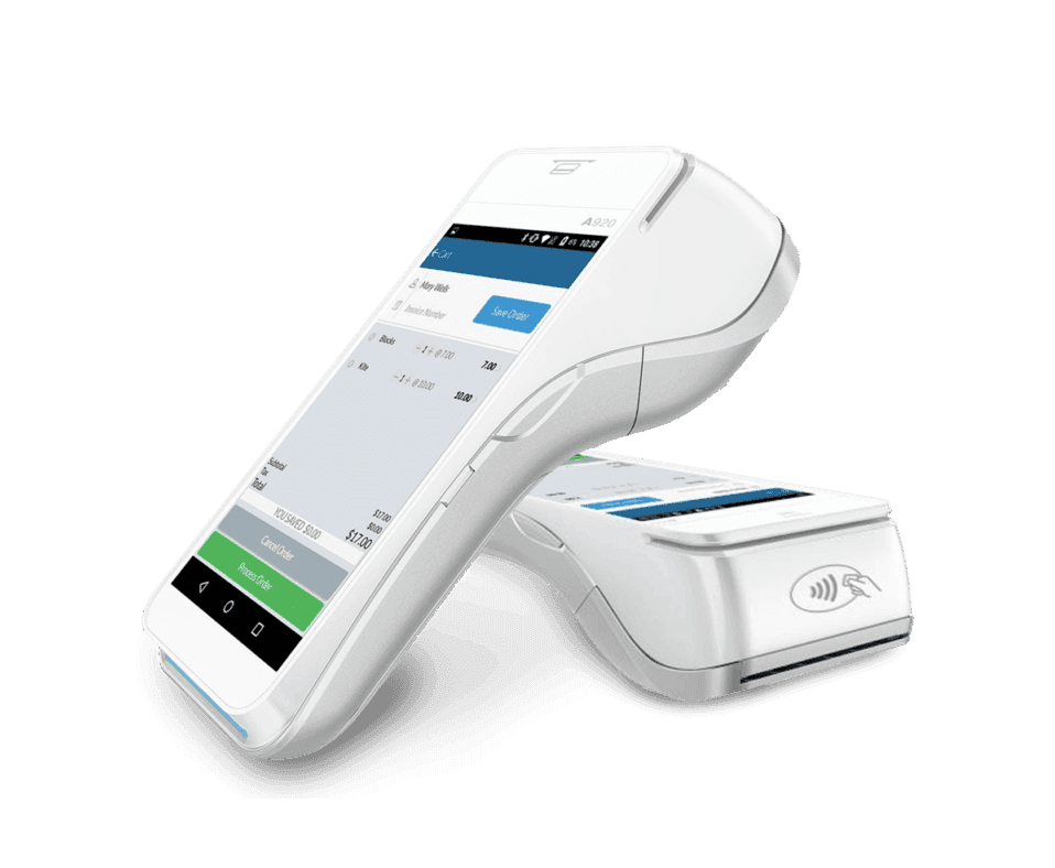 A Pax A920 handheld card terminal beside its contactless reader