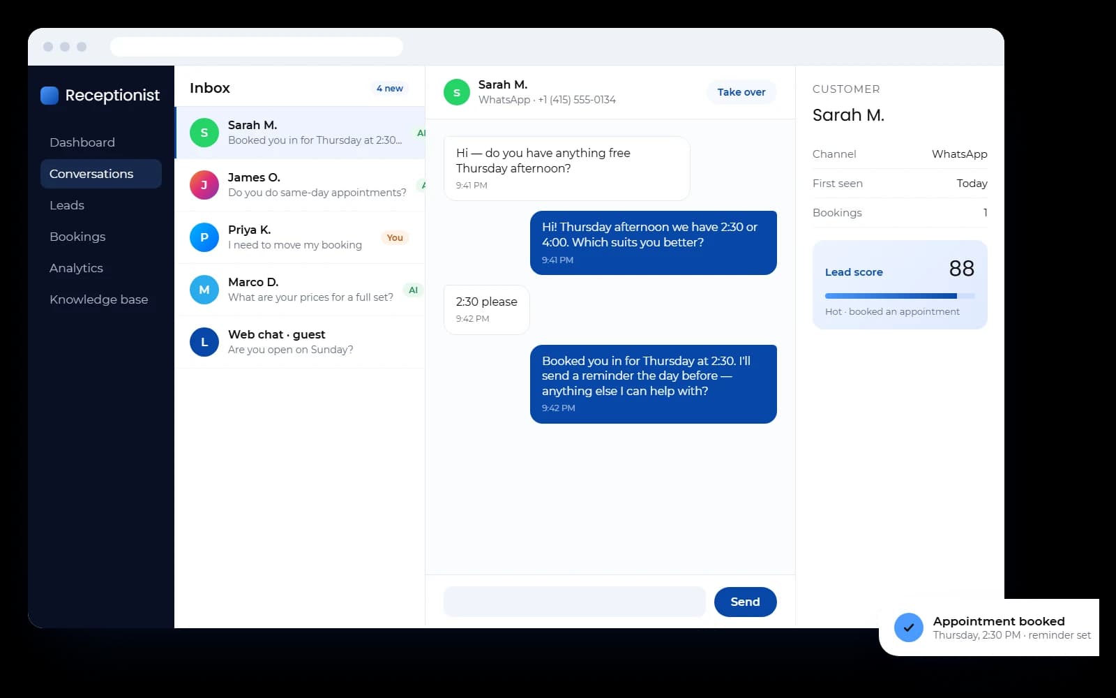 The conversations inbox: a channel sidebar, a list of customer threads, an open WhatsApp conversation where the assistant books an appointment, and a customer panel showing a lead score