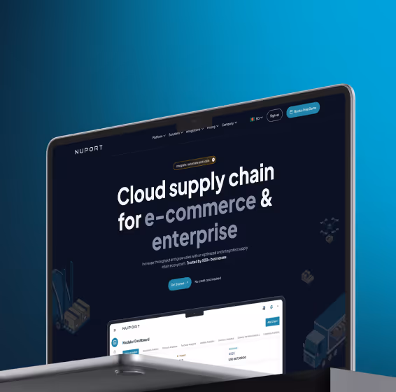 The Nuport supply-chain website shown on a laptop