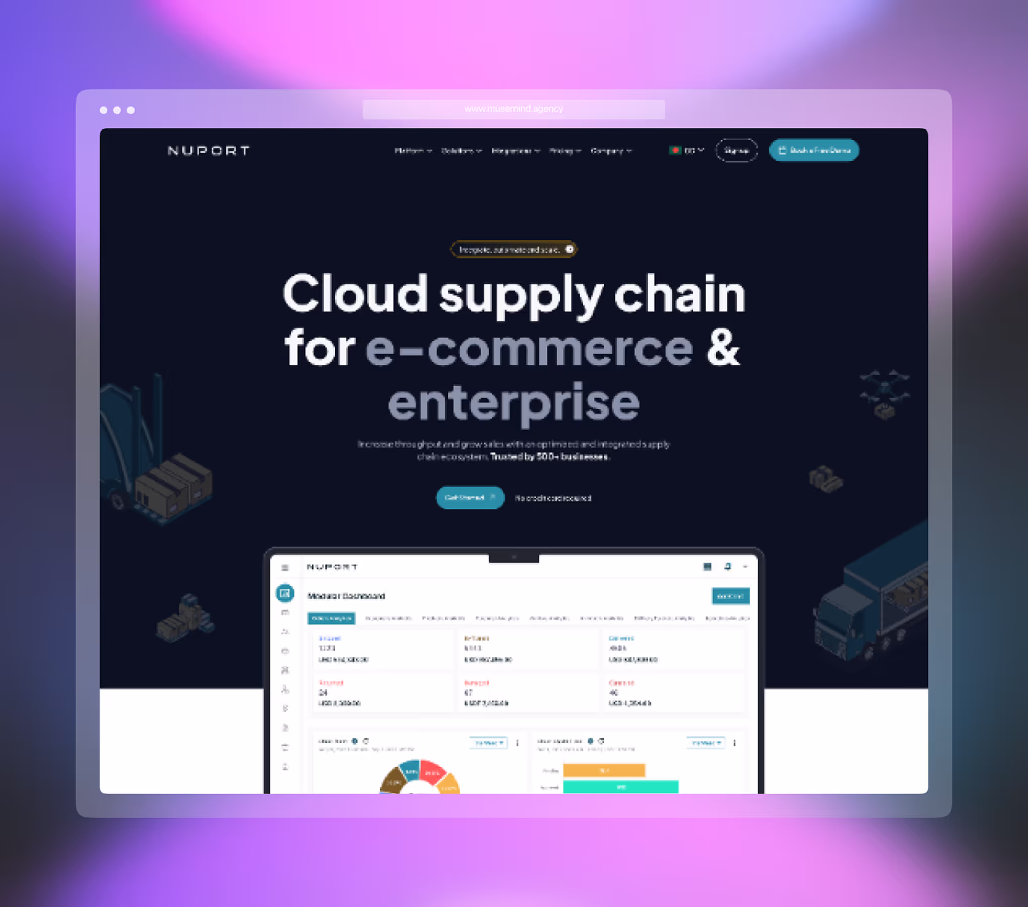 The Nuport supply-chain brand across its dashboard and site