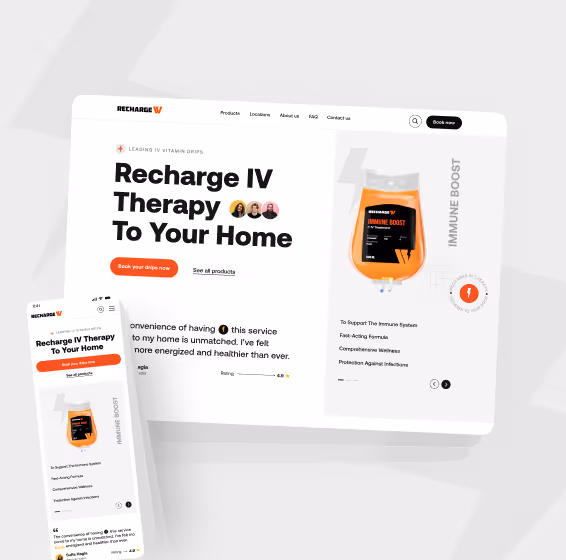 The Recharge IV therapy booking site shown on a phone