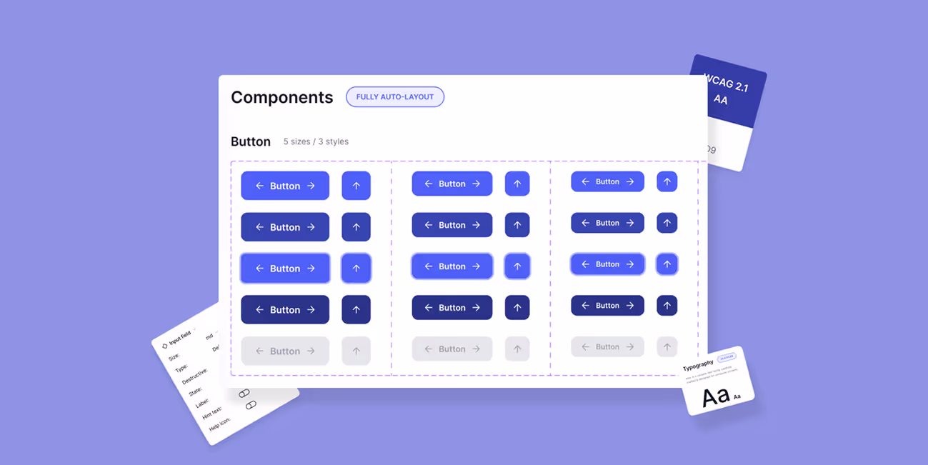 A component library of buttons, inputs and cards with their tokens