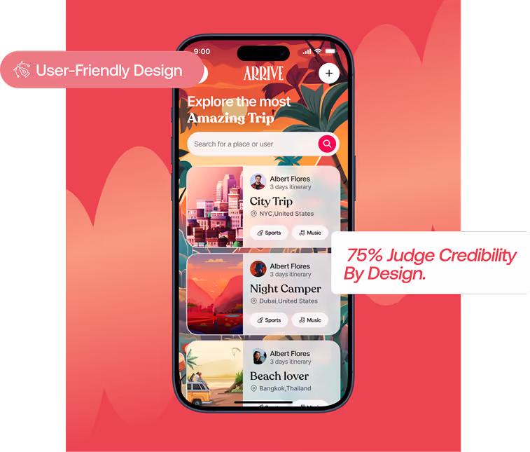 The Arrive travel app on a phone, listing city, camping and beach itineraries, with the claim “75% judge credibility by design”