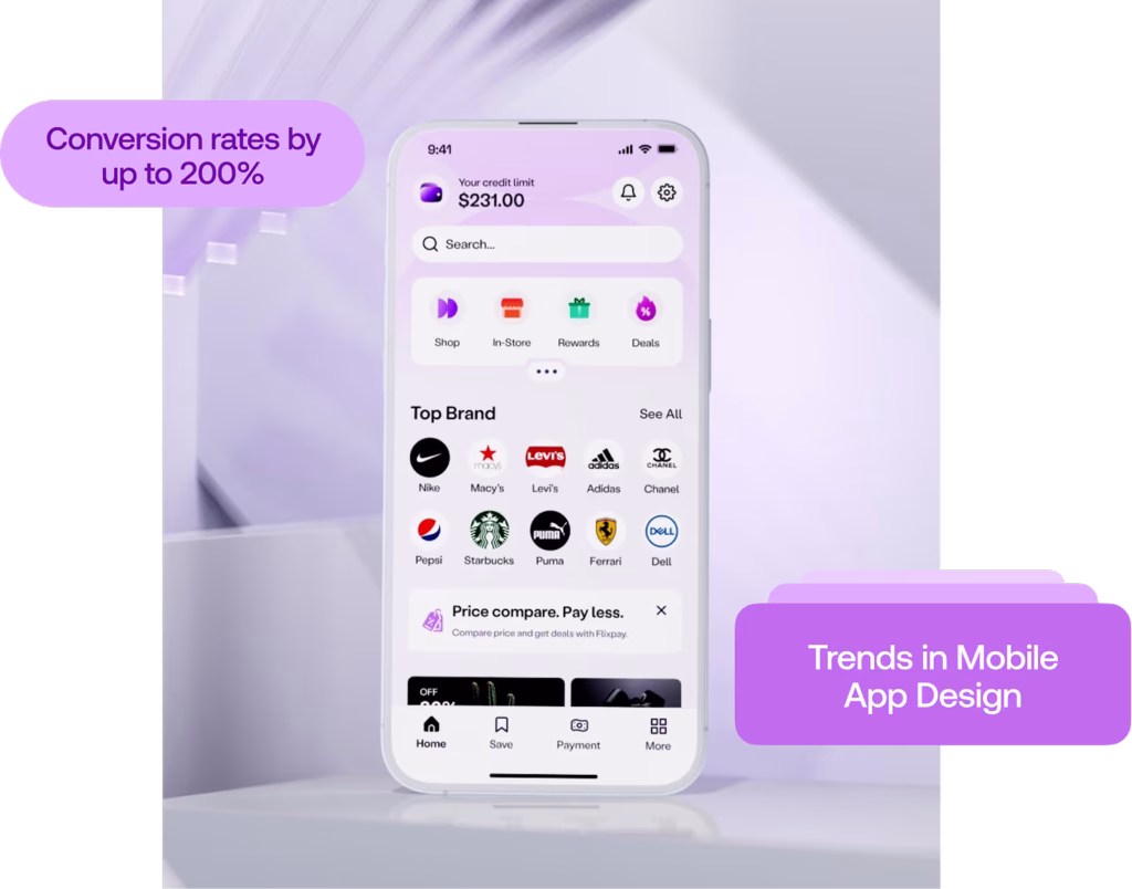 A shopping rewards app on a phone, showing a credit limit, brand shortcuts and a price-comparison prompt, with the claim “conversion rates by up to 200%”