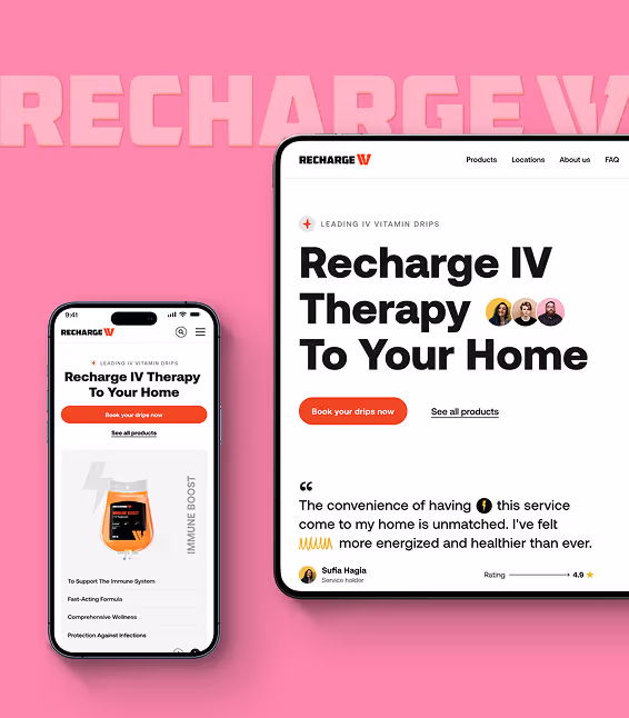 A mobile IV therapy booking site shown on a phone beside the same page on desktop