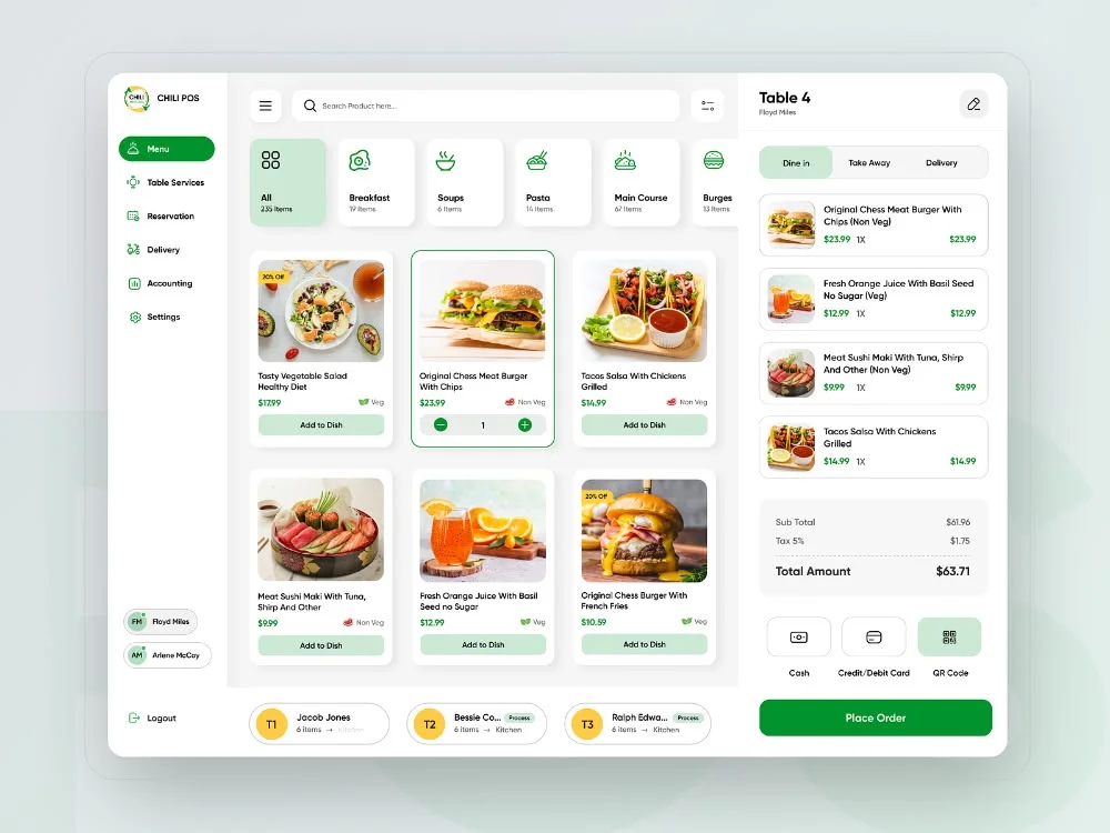 A restaurant POS checkout screen with a menu grid, an order for Table 4 and cash, card and QR payment options
