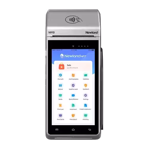 A Newland N910 handheld terminal, its screen showing a payment keypad menu