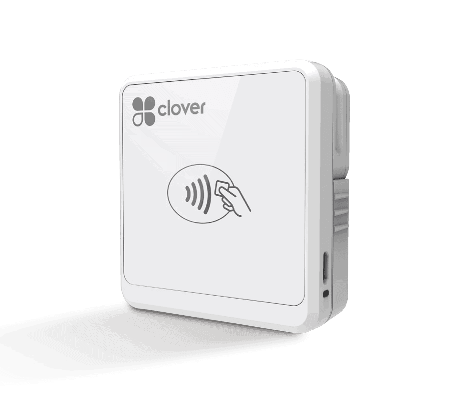 A Clover GO pocket card reader, contactless symbol facing out