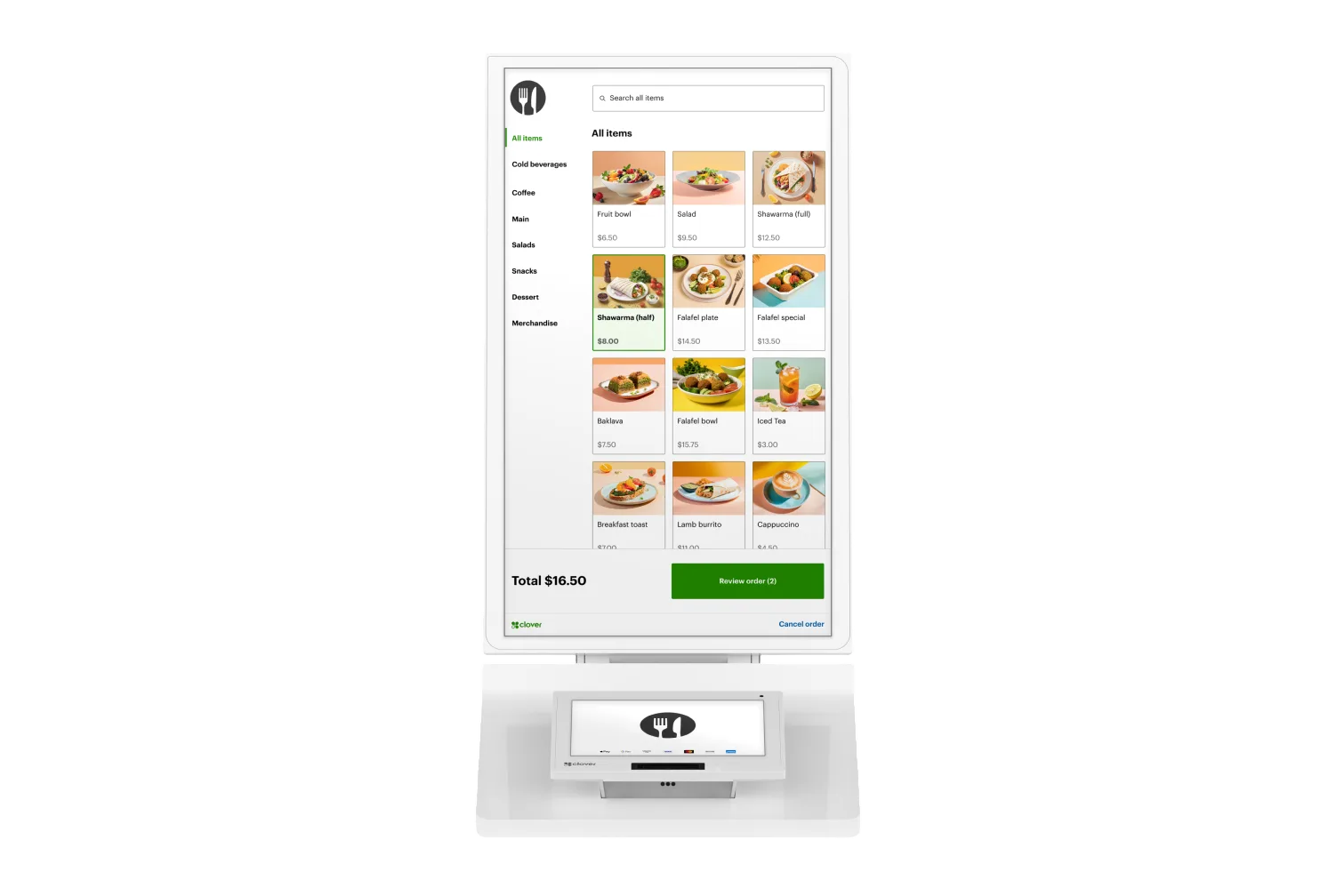 A Clover Kiosk: a tall self-ordering touchscreen showing a food menu with a running total, above a customer payment screen and card reader