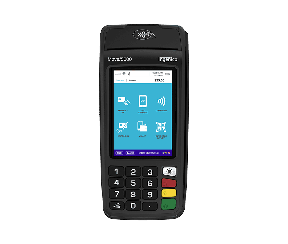 A Tetra Move 5000 handheld terminal with a physical keypad and color screen