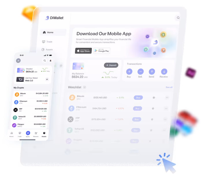 A design system laid out as color, type and component panels around a mobile interface