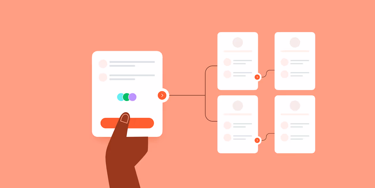 Low-fidelity wireframes connected into a clickable flow